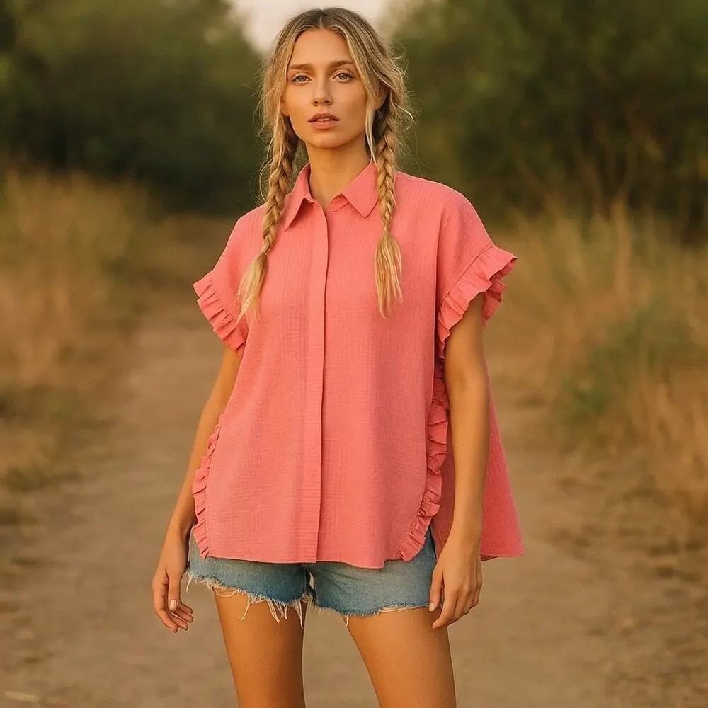 Harshman Darcy Shirt Rose Pink Seersucker Ruffle Cotton Linen Top XS NWT